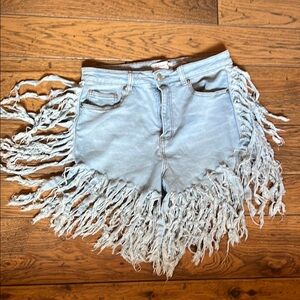 Pink Peplum Boutique Blue Jean Shorts with Fringe